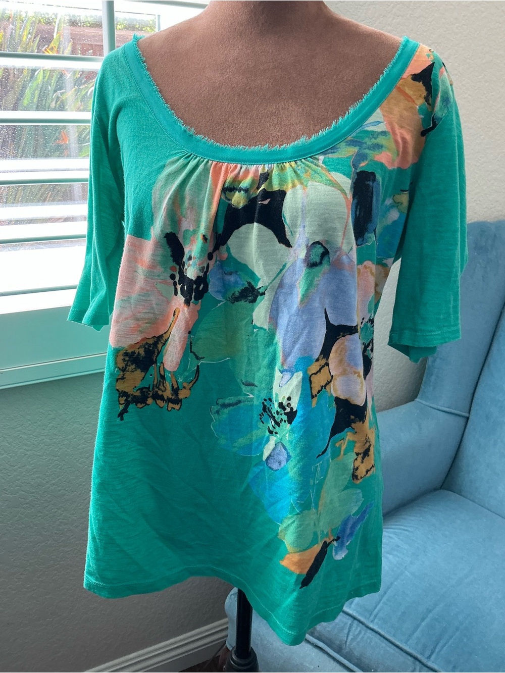 Anthropologie Akemi + Kin Women’s Floral Scoop Neck Top in Sea Green